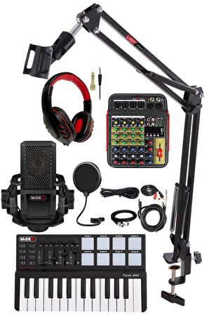 Stüdyo Ekipmanları Midi Live Paket-2 Ses Kartlı Mikser Midi Klavye MX-2020 Mikrofon Kulaklık